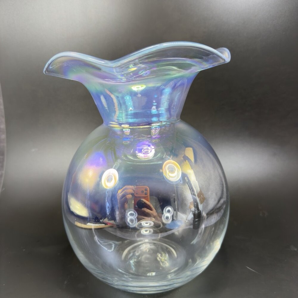 Vintage Silvestri Clear Iridescent‎ Finish Glass Vase Vessel Round Bottom Wavy